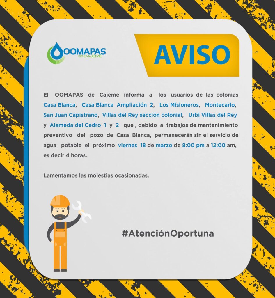 OOMAPASC, ATENTO AVISO PARA EL SECTOR CASA BLANCA OOMAPASC, ATENTO AVISO PARA EL SECTOR CASA BLANCA